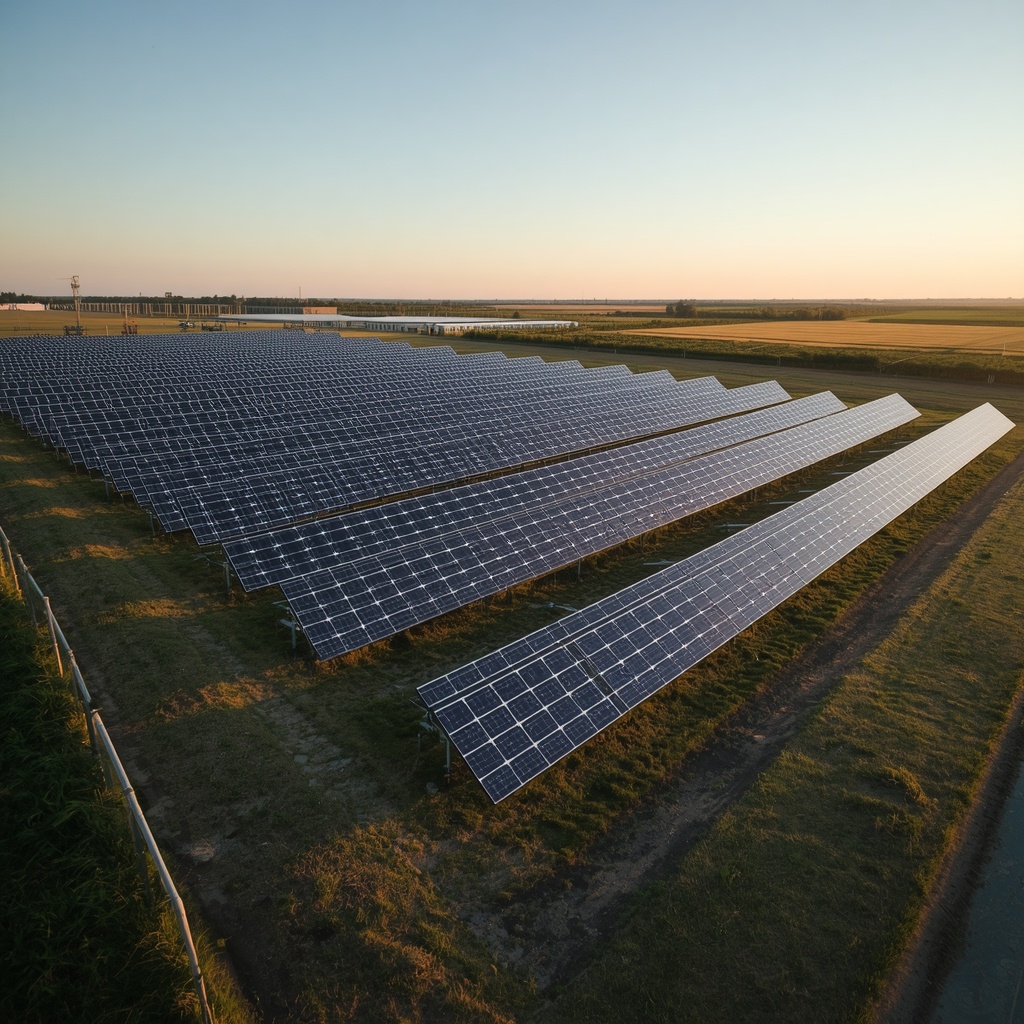 Utility-scale solar farm ground-mount installation aerial view